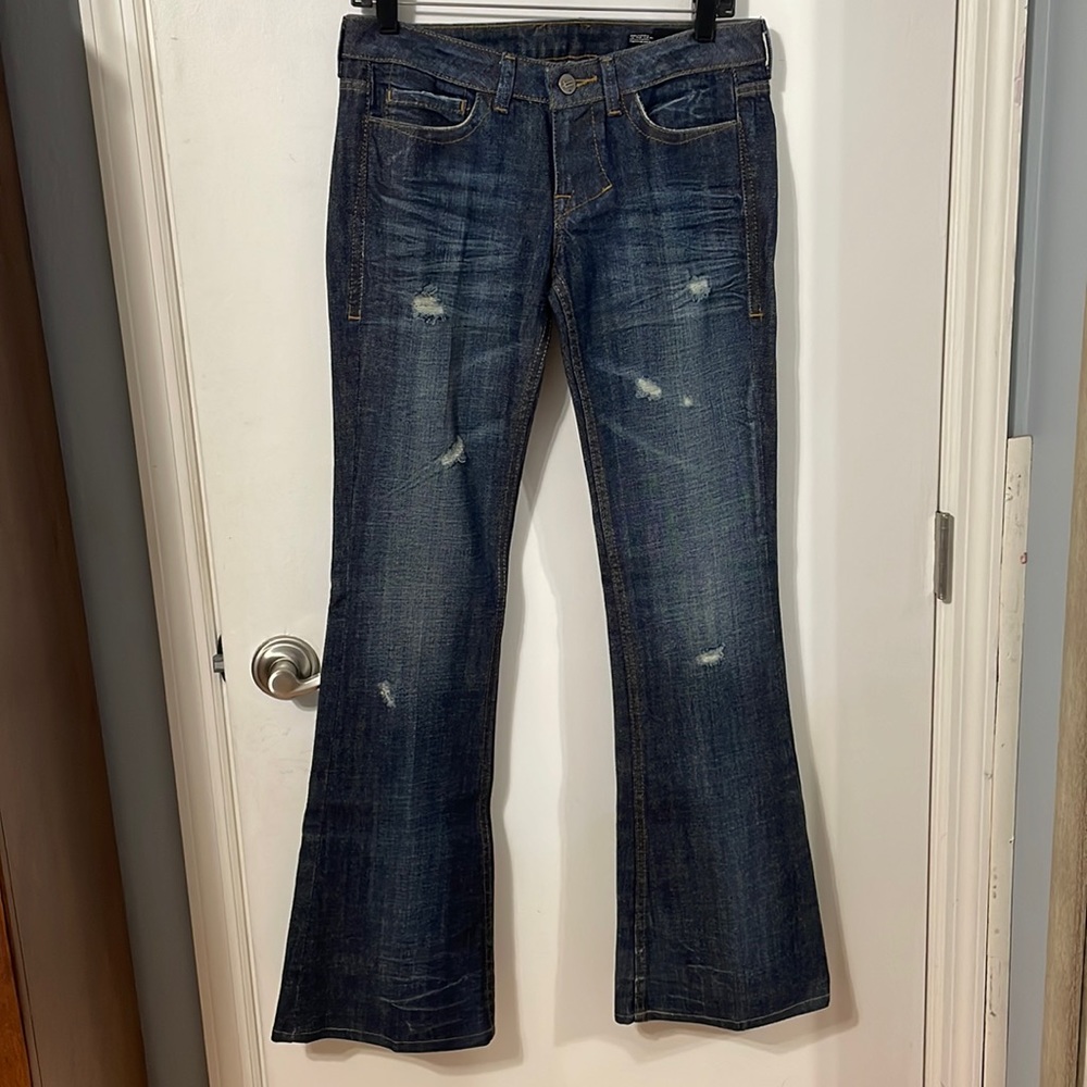 William Rast Mid Rise Darker Blue Distressed Flap Pocket Flare 27